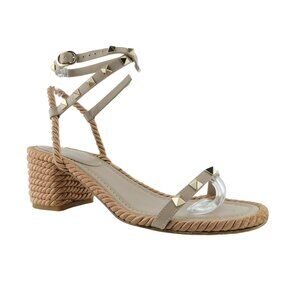 VALENTINO Rockstud Nude Leather Rope Espadrille Block Heel Sling Sandals 38